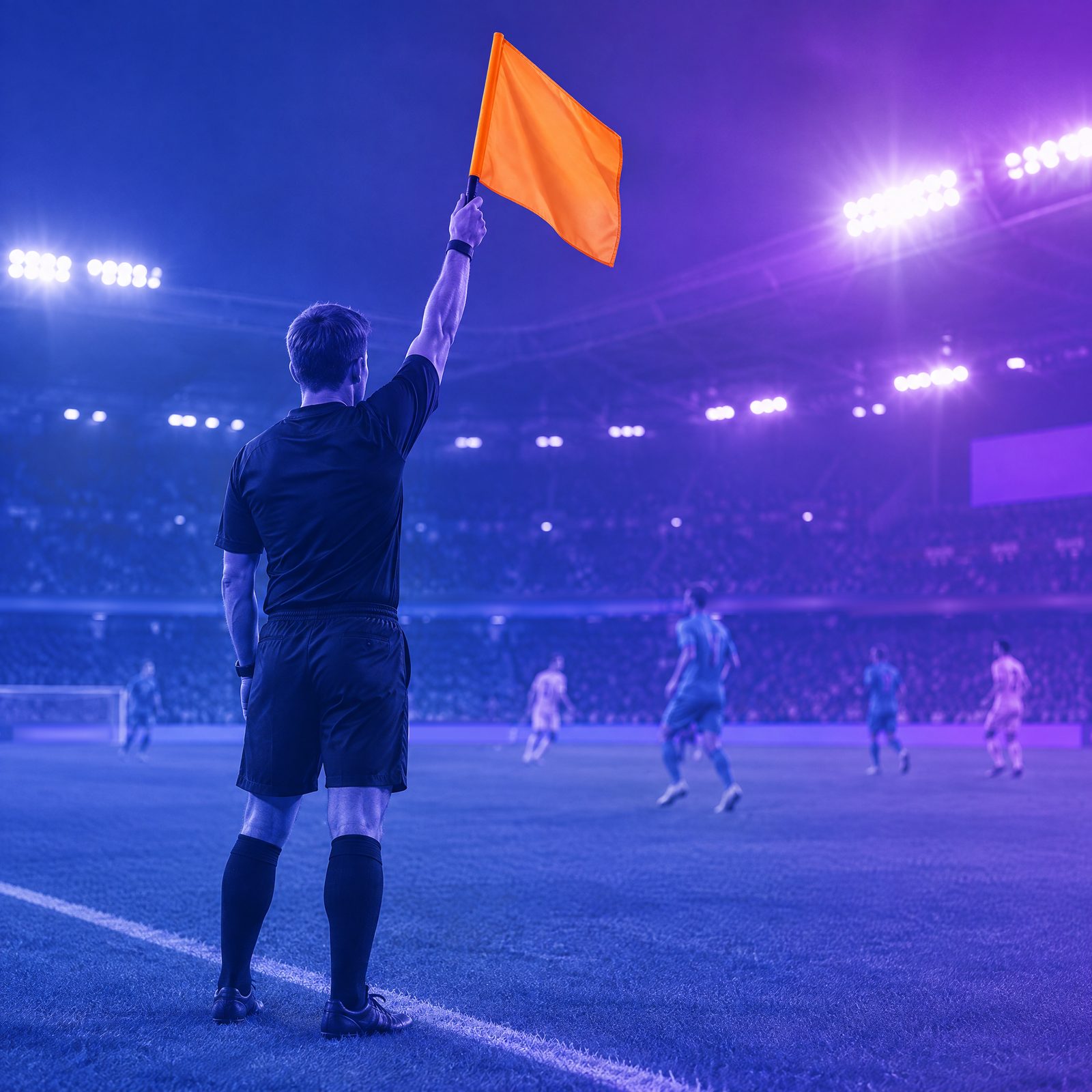 An assistant referee seen from behind on a floodlit touchline raises an orange offside flag, the photograph graded in TAG Blue and purple, with a gold circle drawn around the flag.