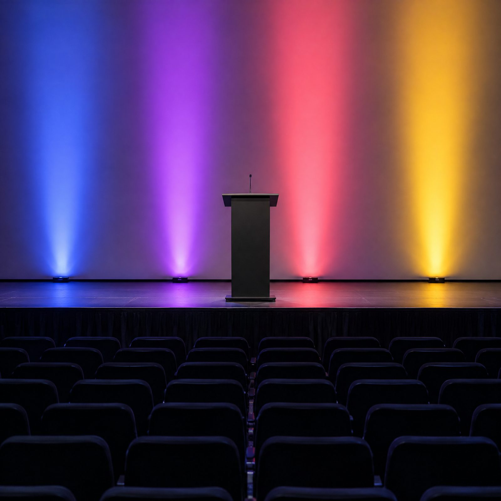 An empty conference stage with a plain lectern under four bands of light in blue, purple, coral and gold, rows of empty seats in the foreground, with a gold circle drawn around the lectern.